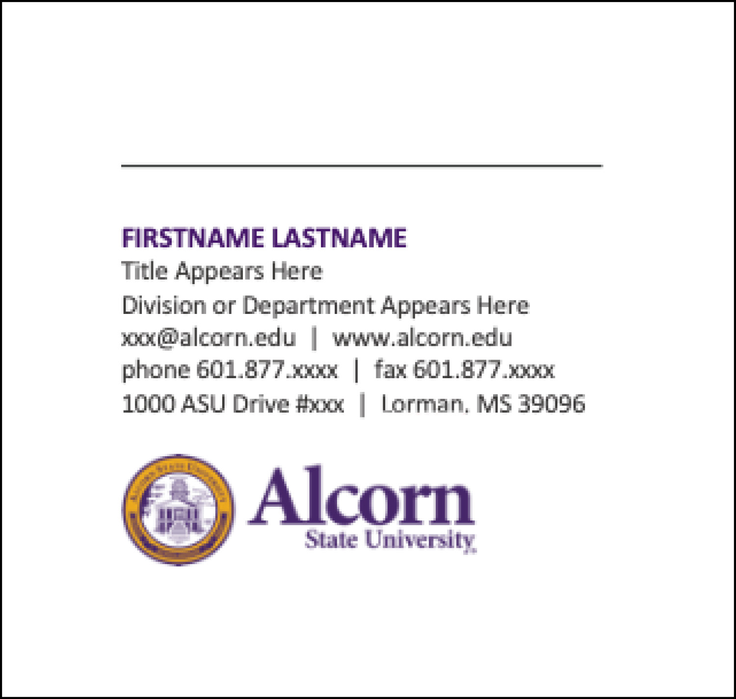 (Picture of email signature example with Alcorn logo mark)