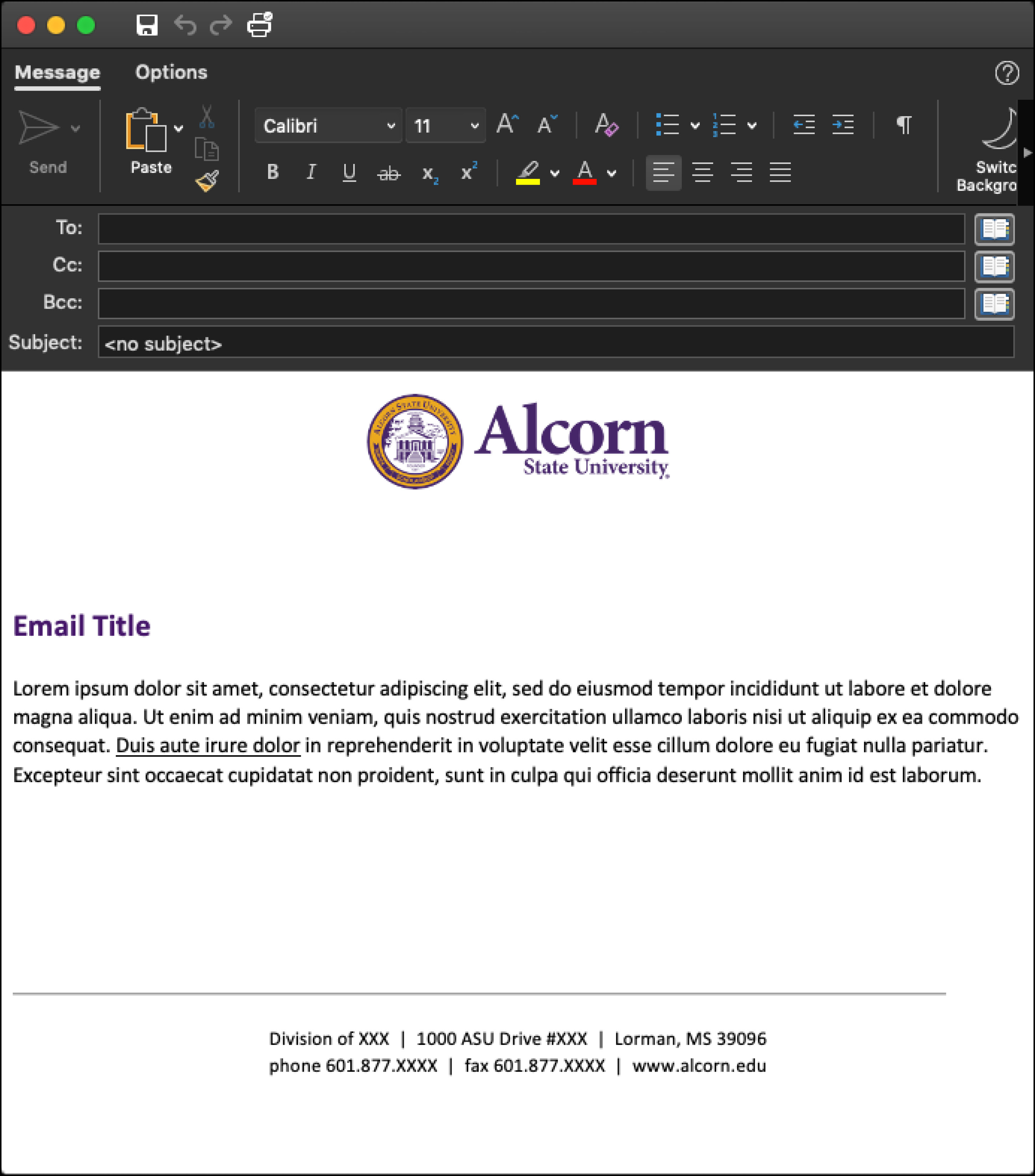 (Picture of email template with Alcorn logo mark)