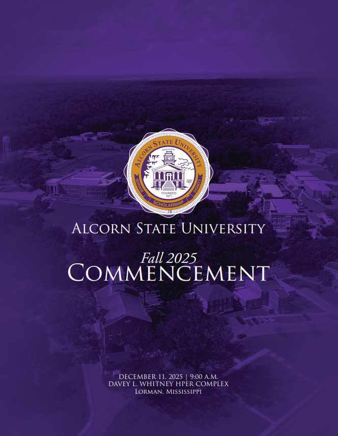 Fall 2025 Commencement Program Cover Purple Overlay Aerial View of Alcorn State University