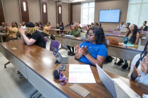 Alcorn students listen attentively as they learn more about careers in the transportation industry.