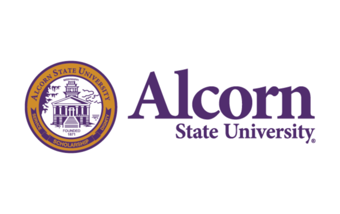 Alcorn State University official logo with circular seal showing Oakland Chapel, founded 1871, alongside "Alcorn State University" wordmark in purple and gold