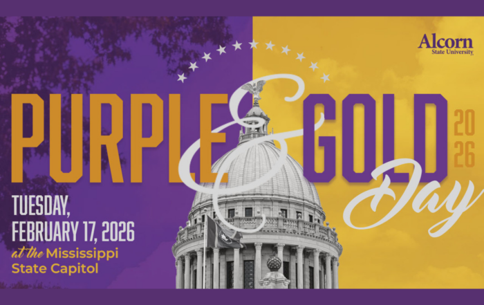 Purple and Gold Day 2026 promotional graphic featuring the Mississippi State Capitol dome with purple and gold design elements. Event details read "Tuesday, February 17, 2026 at the Mississippi State Capitol" with Alcorn State University branding in upper right corner.