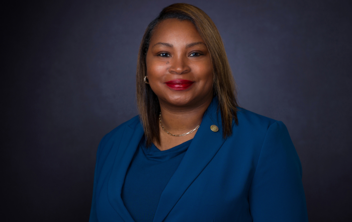Maxine Greenleaf, vice president of Marketing and Communication at Alcorn State University, poses for a professional headshot wearing a blue blazer