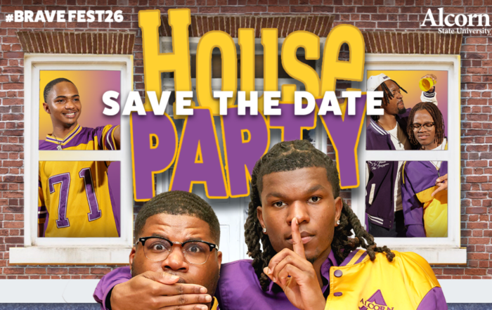 House Party themed image with guys in window and individual covering other person's mouth with shh sign