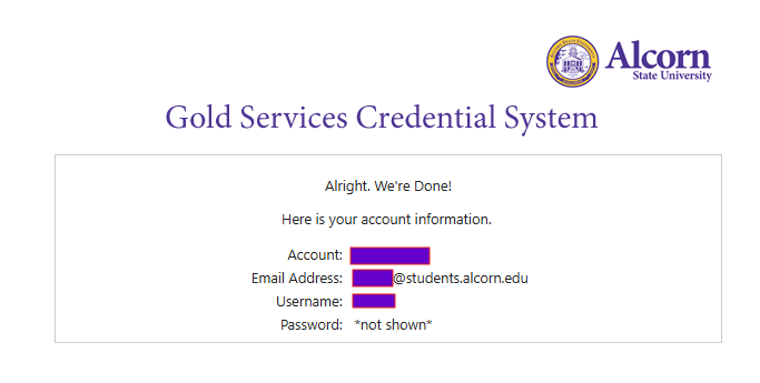Account confirmation showing new Alcorn email address