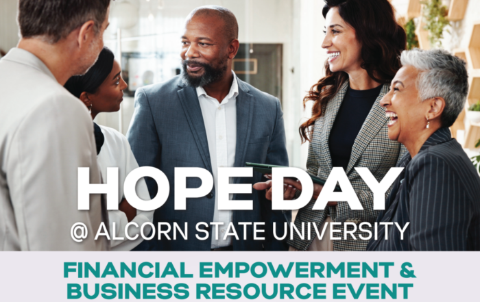 A diverse group of five professionals engaged in friendly conversation in a modern office setting. Text overlay reads 'HOPE Day @ Alcorn State University' in bold white letters, with 'Financial Empowerment & Business Resource Event' in teal below.