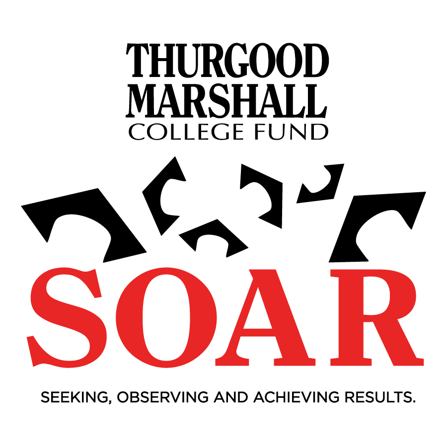Logo for the Thurgood Marshall College Fund SOAR program. The acronym SOAR is displayed in large bold red letters, overlaid with black silhouettes of flying birds. Above the birds, "Thurgood Marshall College Fund" appears in black serif text. Below reads the tagline: "Seeking, Observing and Achieving Results