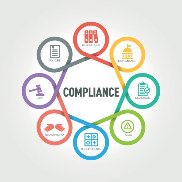 Compliance infographic with 8 steps, parts, options.