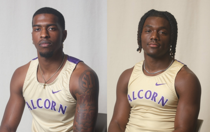 Pictured from left to right: Trellas Forrest with track uniform on, Derrick Williams with track uniform on