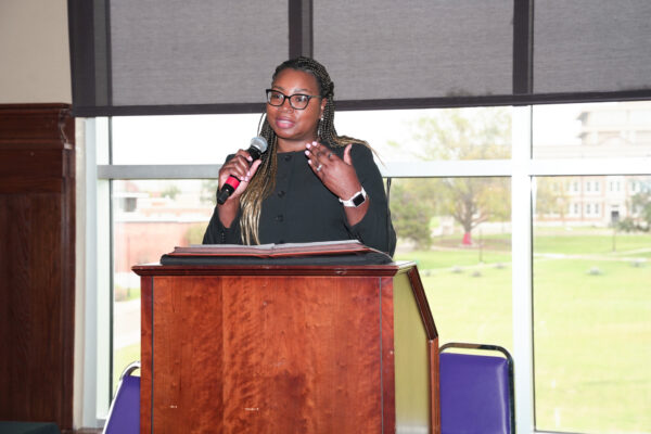 Maxine Greenleaf, Alcorn State University vice president of marketing and communication, speaks at the 2026 Mass Communications Media Day.
