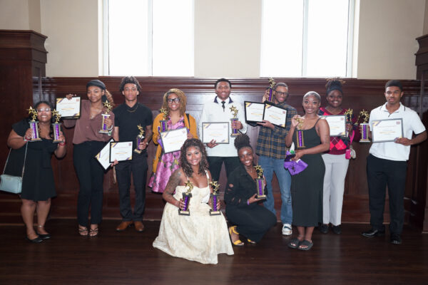 Alcorn State mass communications students celebrate with trophies and certificates at the 2026 Media Day Awards Luncheon in Lorman, Miss.