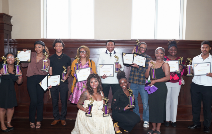 Alcorn State mass communications students celebrate with trophies and certificates at the 2026 Media Day Awards Luncheon.