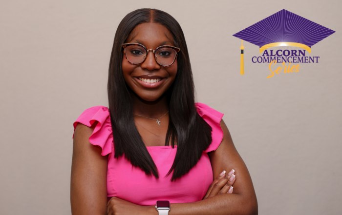 Aaliyah Myles, Alcorn State University human development and family science graduate, smiles with arms crossed wearing a pink top and glasses, alongside the Alcorn Commencement Series logo.