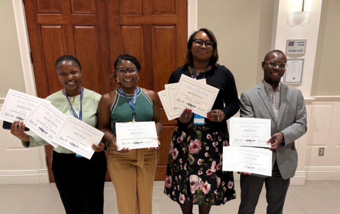 Larissa Chillous, Deonica Davis, Maxine Greenleaf, and Tommie Green display their CPRAM 2026 certificates in the lobby of the Heindl Center at Northwest Mississippi Community College in Senatobia, Miss., following the College Public Relations Association of Mississippi annual conference held May 18-20, 2026.