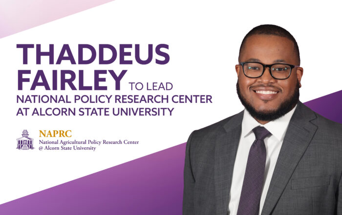 Thaddeus Fairley, wearing a gray suit and glasses, smiles in a professional portrait. Text reads "Thaddeus Fairley to Lead National Policy Research Center at Alcorn State University" with the NAPRC logo.