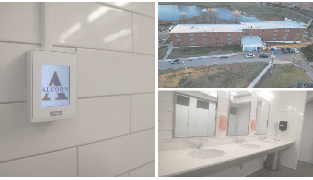 Three photos of renovated Robinson Hall at Alcorn State University: a wall-mounted dispenser bearing the Alcorn "A" logo on white subway tile, an aerial view of the long brick residence hall beside a campus pond, and a communal restroom with new sinks, mirrors and tiled walls.