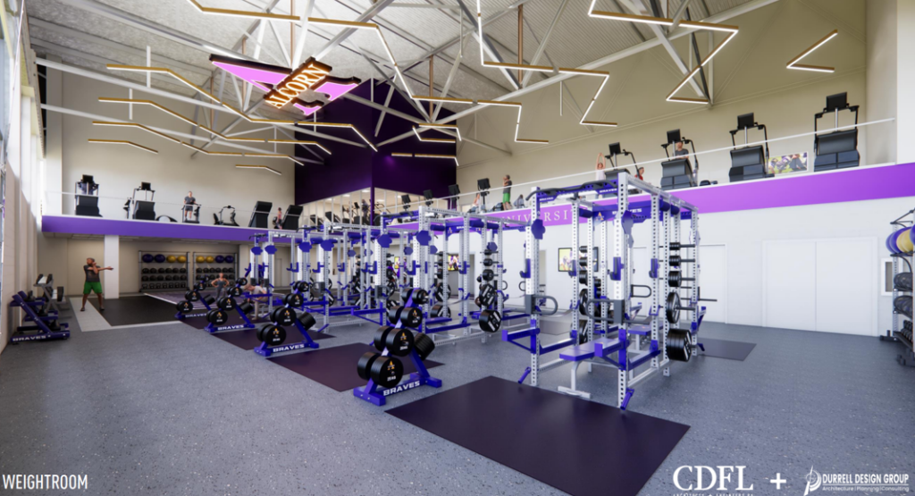 Rendering of the renovated Whitney complex weight room at Alcorn State University, featuring rows of purple-and-black Braves-branded squat racks and weight benches on a gray floor, with cardio machines on an upper level and a purple accent wall beneath exposed ceiling trusses.
