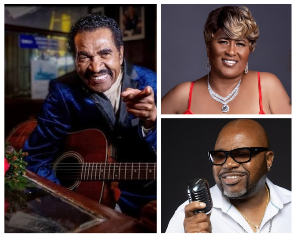 Collage of three performers featured at Alcorn State University's 2026 Homecoming Concert on Friday, October 9. Left image: Bobby Rush in a blue velvet blazer holding an acoustic guitar, smiling at the camera. Top right: Ms. Jody wearing a red dress and diamond pendant necklace with short blonde hair, smiling. Bottom right: Willie Clayton in a white shirt and black sunglasses, holding a vintage microphone and smiling.