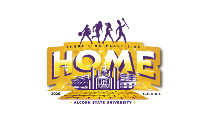 Alcorn State University 2026 Homecoming logo featuring purple and gold lettering spelling "HOME" with silhouettes of four students at the top in dynamic poses. The design includes iconic campus buildings illustrated in purple and white, set against a yellow brick road inspired by The Wiz musical. "There's No Place Like Home" tagline appears at the top, with "2026" on the left and "G.H.O.A.T." on the right. Alcorn State University branding anchors the bottom.