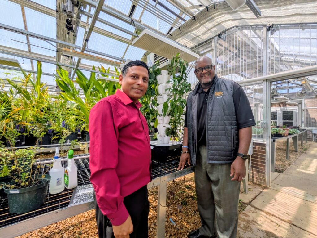 Dr. Emran Ali and Dr. Dexter Wakefield stand beside a hydroponic tower in an Alcorn State greenhouse.