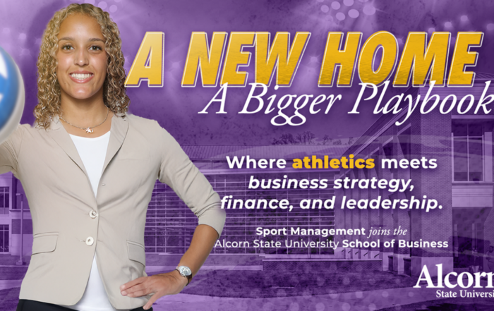 “A New Home. A Bigger Playbook.” graphic announcing that Sport Management joins the Alcorn State University School of Business.